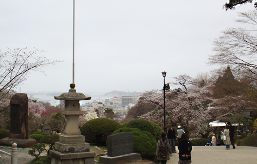高台の塩釜神社から、塩釜市内と海を眺めることができる。